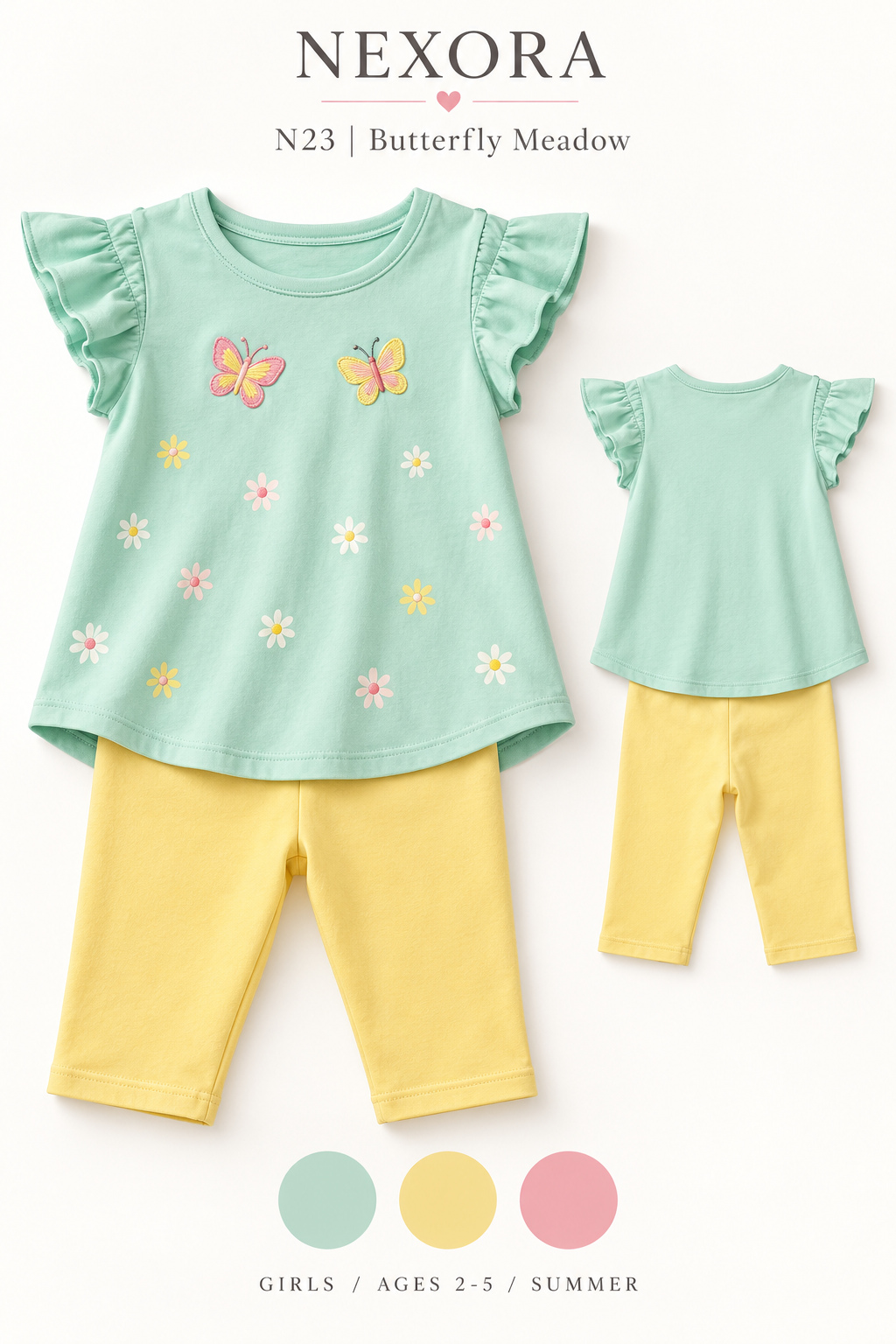 NEXORA N23 Butterfly Meadow: front and back garment design